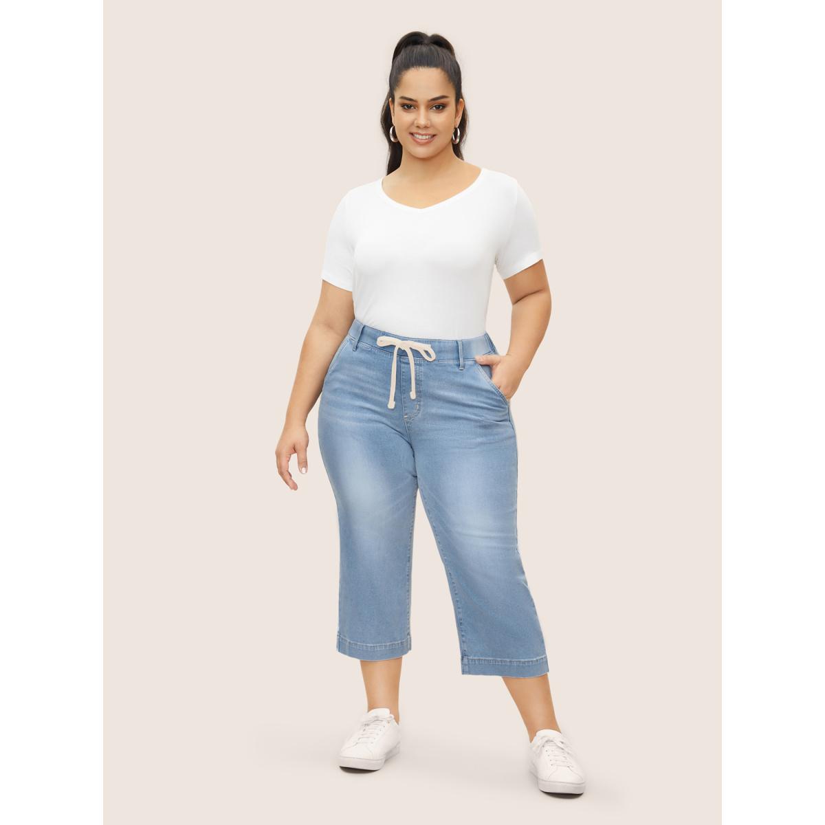 Plus Size Light Wash Drawstring Straight Leg Jeans Women LightBlue Casual Drawstring High stretch Slanted pocket Jeans BloomChic 10/M Product Image