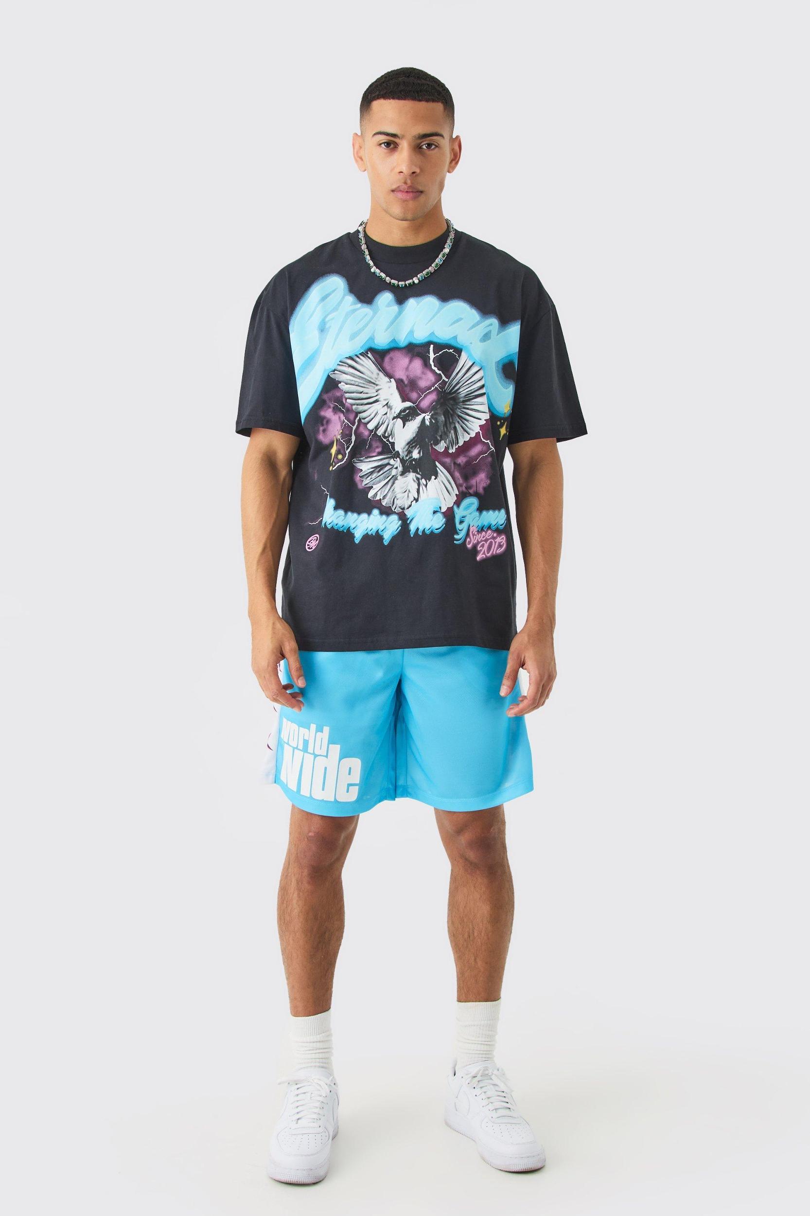 Oversized Graphic T-shirt & Mesh Short Set | boohooMAN USA Product Image