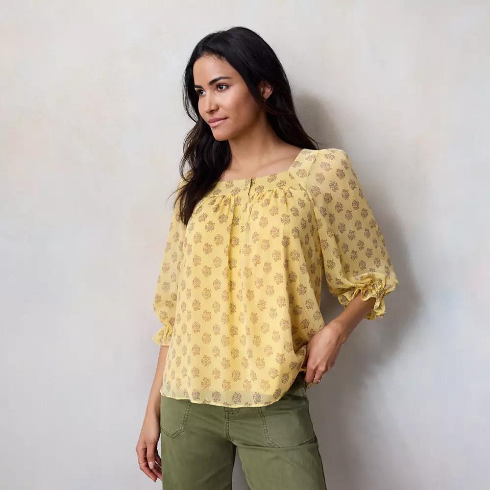 Women's LC Lauren Conrad Henley Puff Sleeve Peasant Top, Size: Medium, Golden Ana Flora Product Image