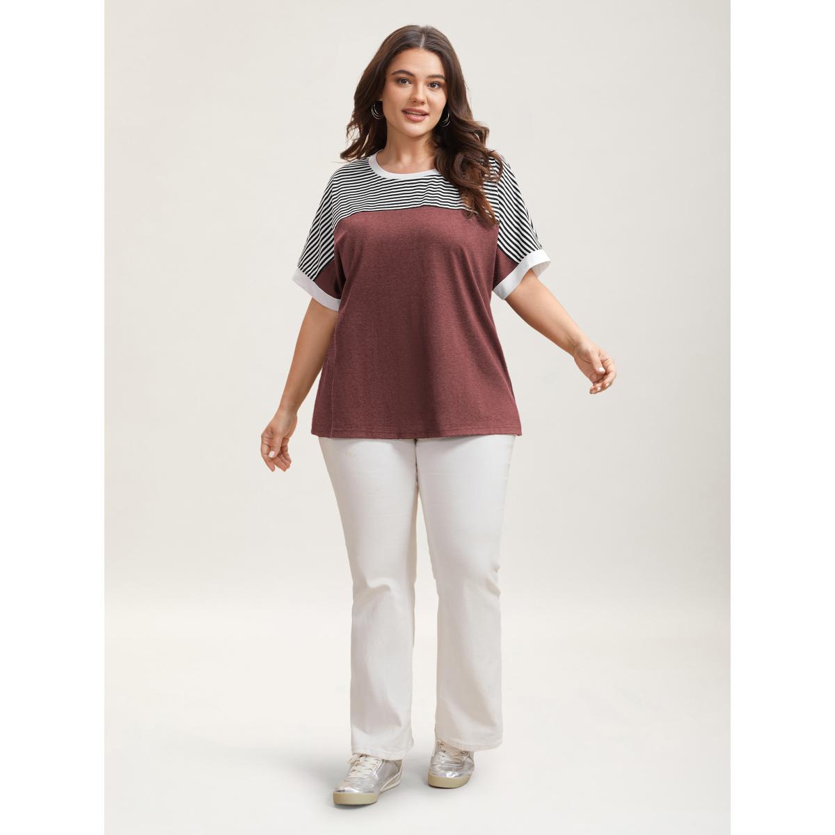 Plus Size Solid and Striped Contrast Hem T-Shirt Russet Women Casual Contrast Round Neck Everyday T-shirts BloomChic 18-20/2X Product Image