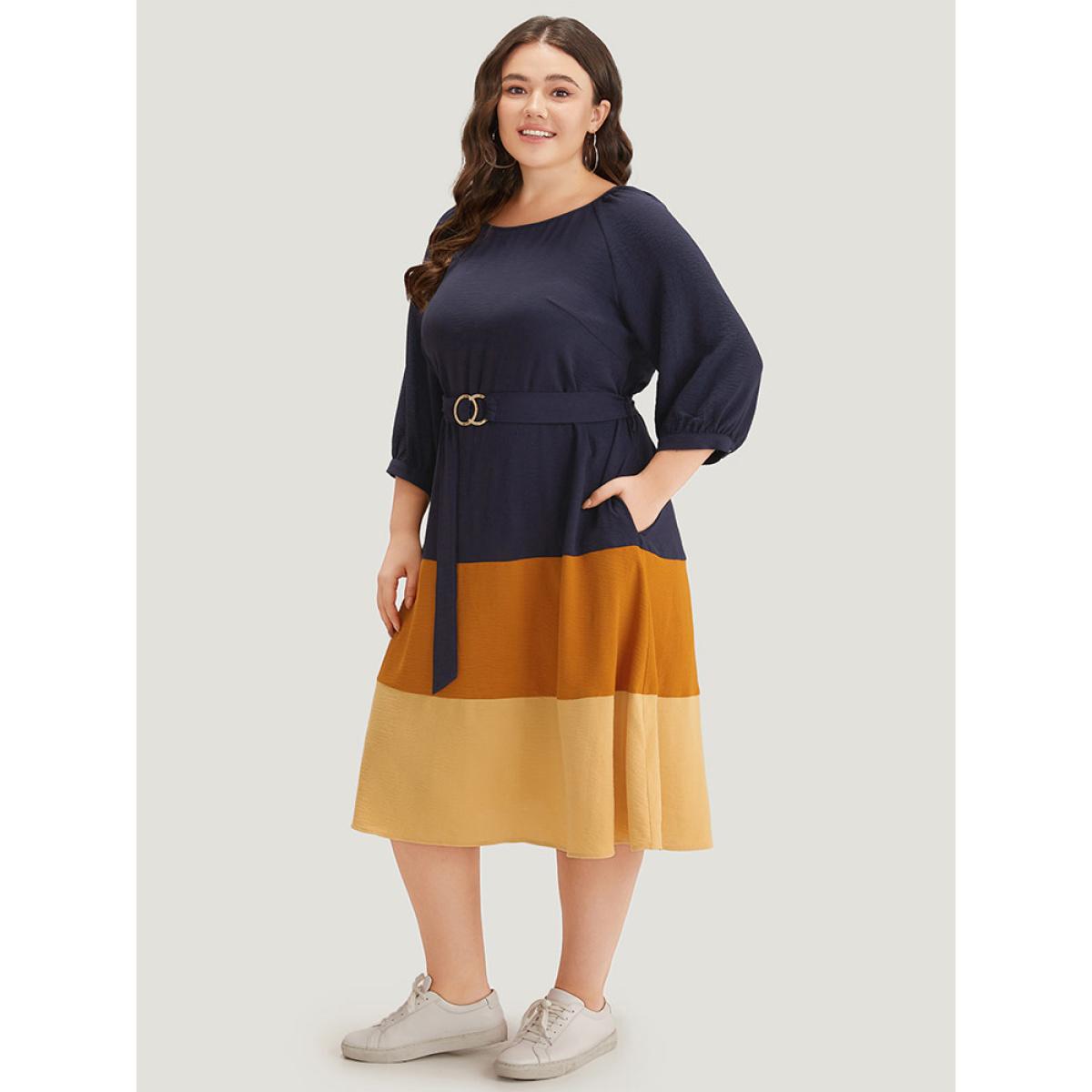 Plus Size Colorblock Contrast Metal Detail Lantern Sleeve Dress Midnight Women Casual Gathered Round Neck Elbow-length sleeve Curvy Midi Dress BloomChic 12/L Product Image