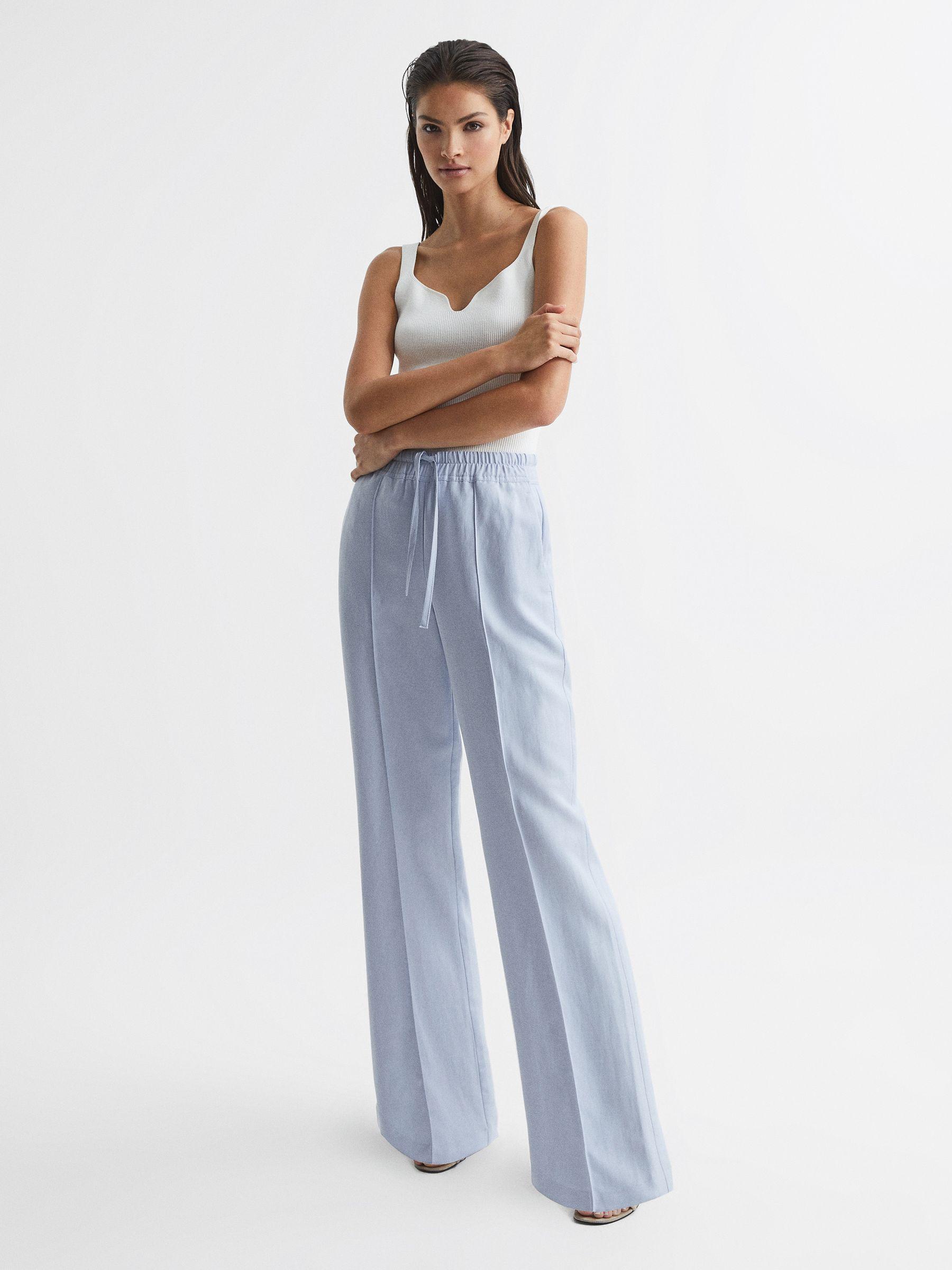 Linen Blend Pull On Trousers in Blue Product Image