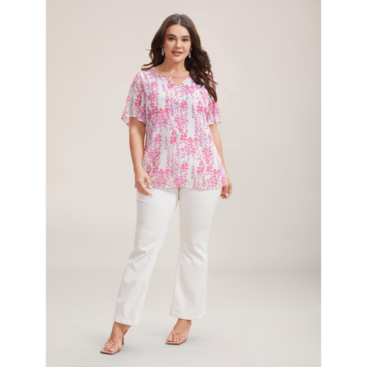 Plus Size WhiteSmoke Floral Neck Cut-Out Flutter Sleeve Shirt Women Elegant Short sleeve Round Neck Everyday Blouses BloomChic 10/M Product Image