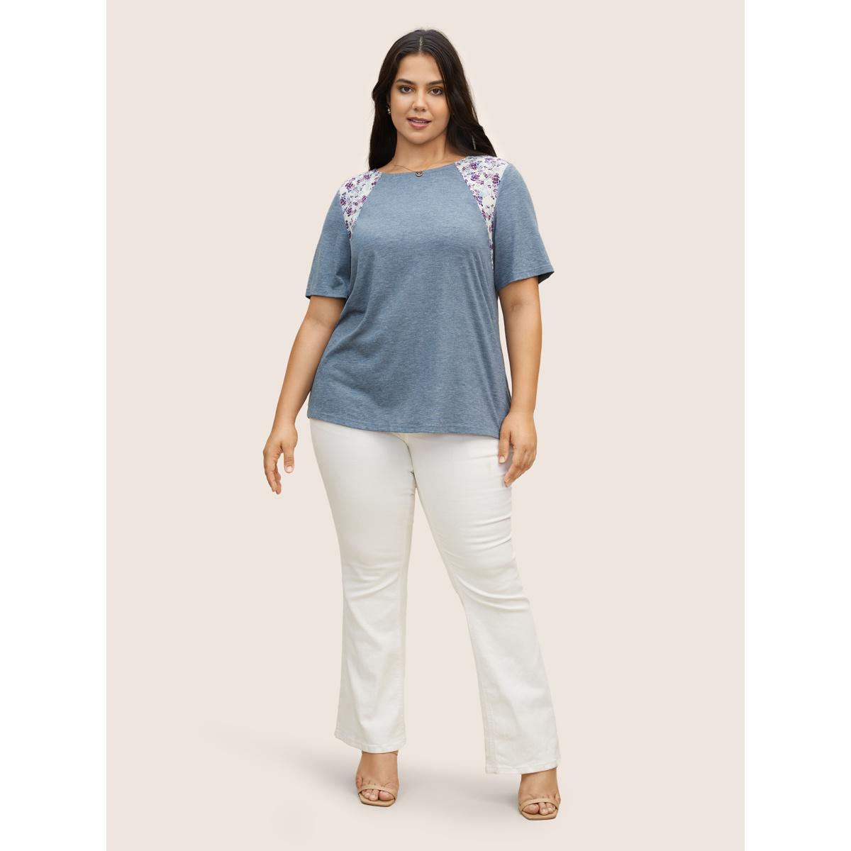 Plus Size Ditsy Floral Patchwork High Low Hem T-shirt Stone Women Elegant Non Natural Flowers Round Neck Everyday T-shirts BloomChic 14-16/1X Product Image