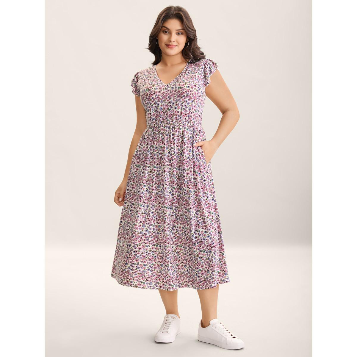 Plus Size Ditsy Floral Flutter Sleeve Pockets Midi Dress Blush Women V-neck Cap Sleeve Curvy BloomChic 30/6X Product Image