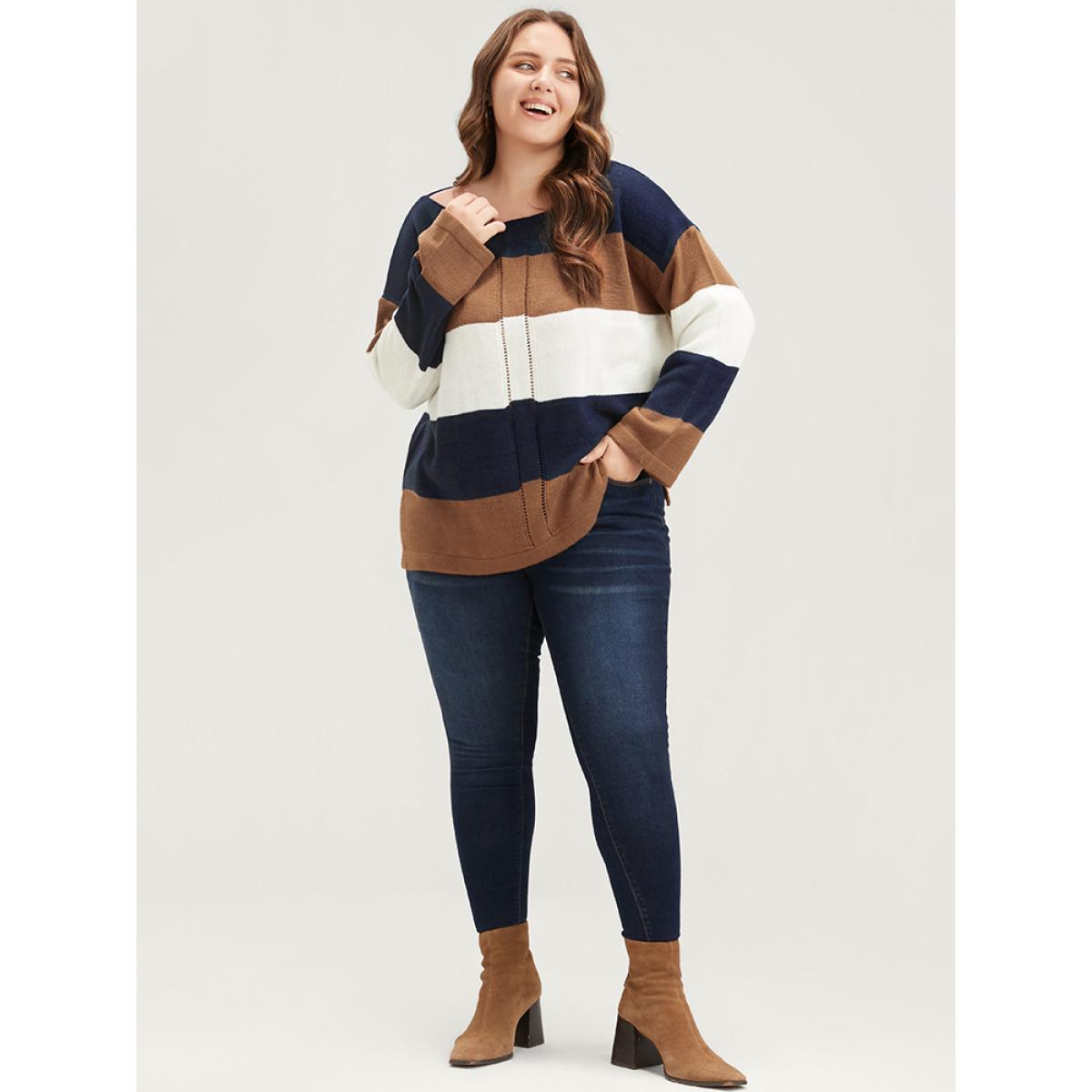 Plus Size Colorblock Contrast Pointelle Knit Eyelet Split Hem Knit Top Midnight Women Casual Loose Long Sleeve Round Neck Dailywear Pullovers BloomChic 18-20/2X Product Image