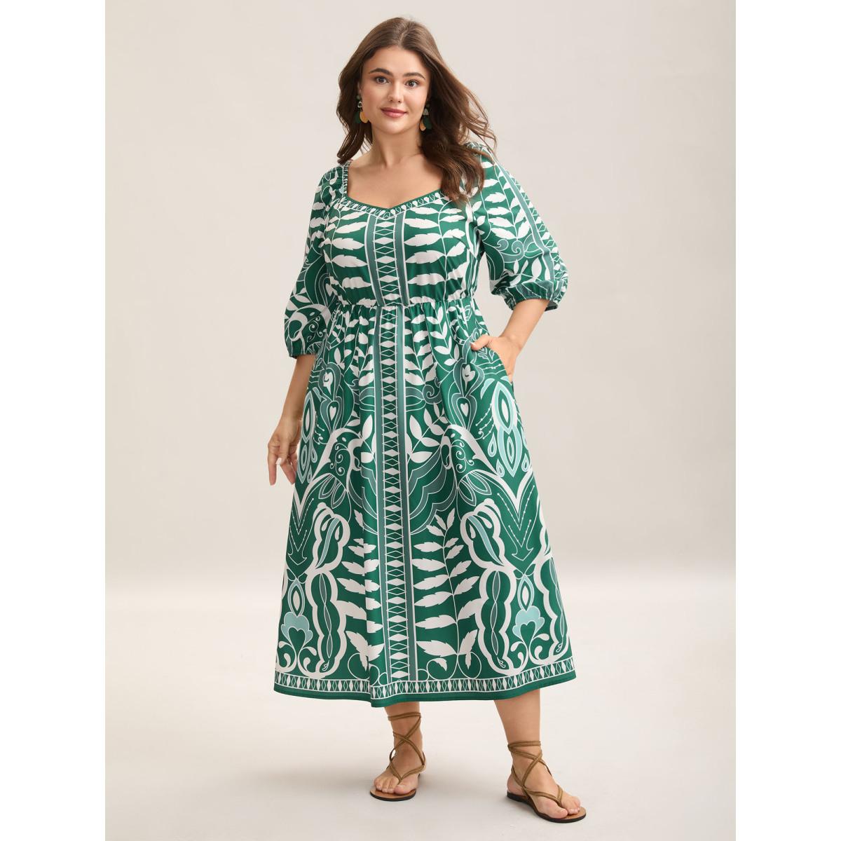 Plus Size Leafy Print Puff Sleeve Pockets Midi Dress Emerald Women Heart neckline Elbow-length sleeve Curvy BloomChic 28/5X Product Image