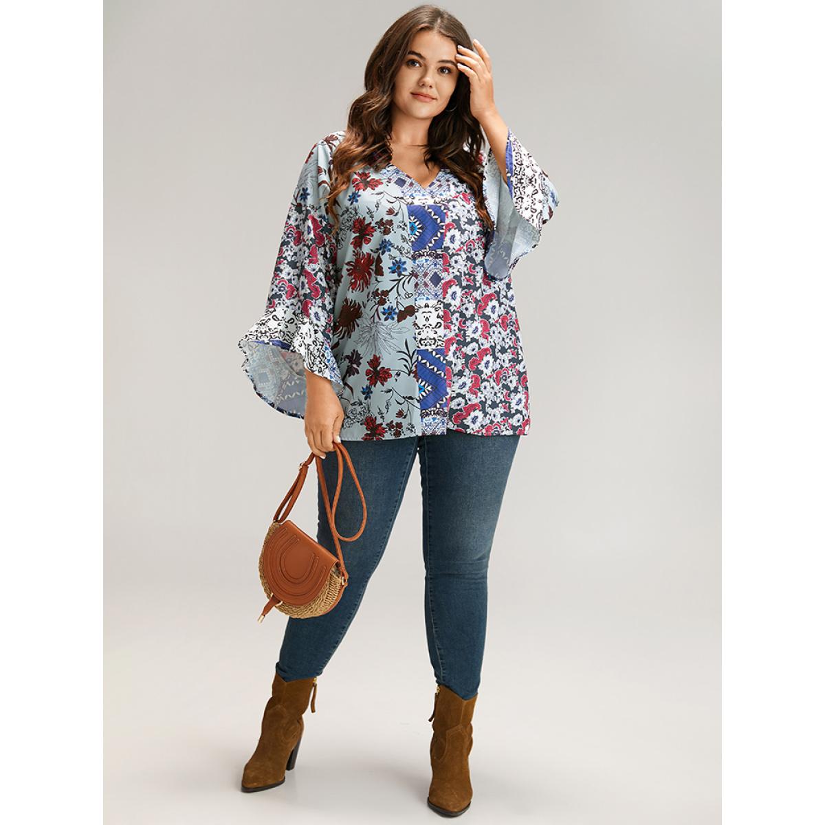 Plus Size Stone Bandana Print Patchwork Bell Sleeve Blouse Women Elegant Long Sleeve V-neck Vacation Blouses BloomChic 22-24/3X Product Image