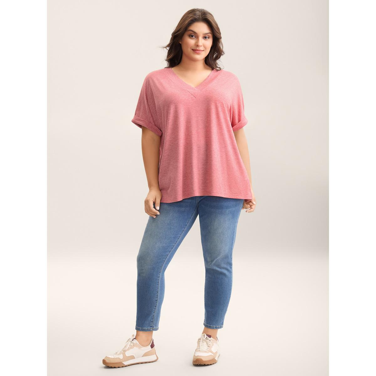 Plus Size Stretchy Heathered V-Neck Solid T-Shirt Beanpastepowder Women Casual Roll Hem V-neck Everyday T-shirts BloomChic 28/5X Product Image