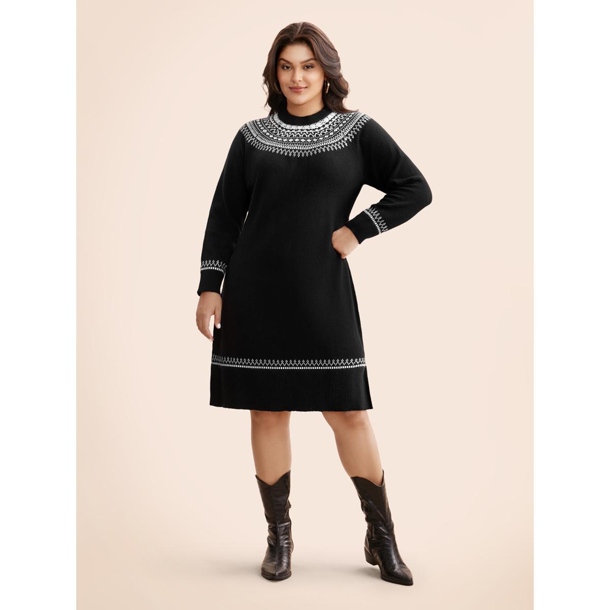 Plus Size Supersoft Essentials Geo-embroidery Fair Isle Fitted Sweater Dress Black Women Casual Loose Long Sleeve Everyday Sweater Dresses BloomChic 12/L Product Image