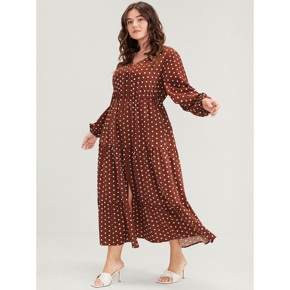 Plus Size Polka Dot Lantern Sleeve Pocket Ruffle Tiered Split Maxi Dress DarkBrown Women Elegant Elastic Waist V-neck Long Sleeve Curvy Long Dress BloomChic 10/M Product Image
