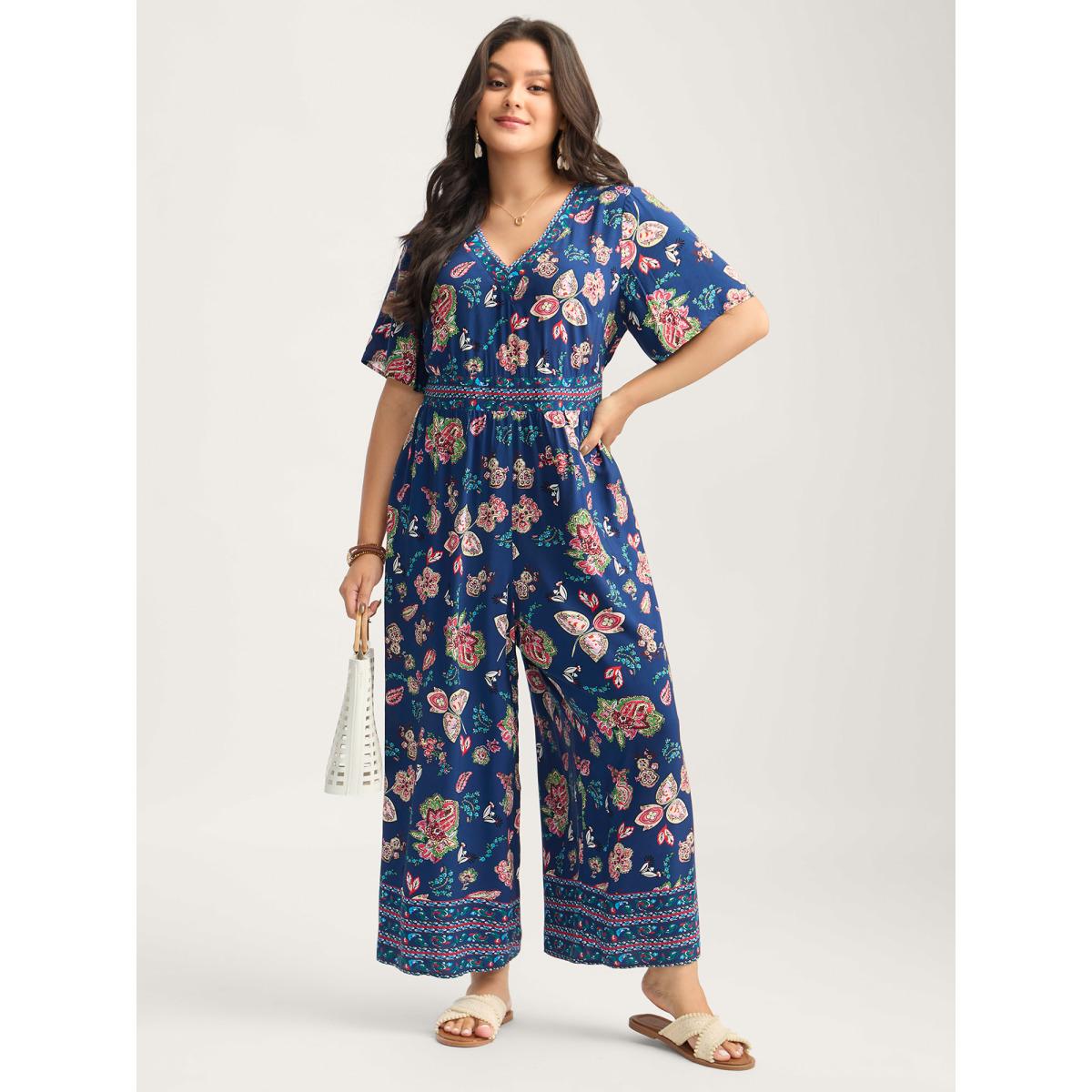 Plus Size DarkBlue Rayon Tropical Vibes Pockets Jumpsuit Women Short sleeve V-neck Vacation Loose Jumpsuits BloomChic 12/L Product Image