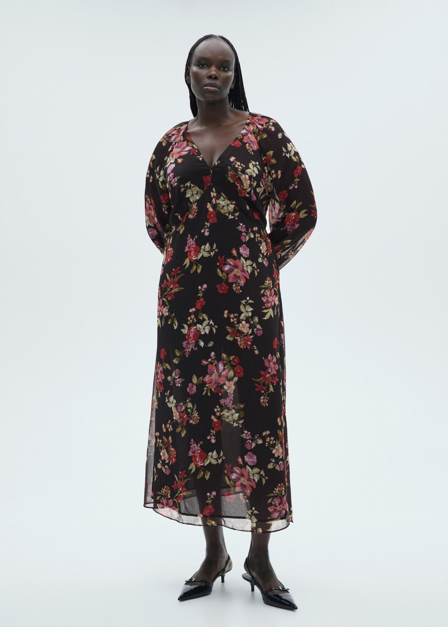 Floral puff-sleeve dress - Women | MANGO USA Product Image