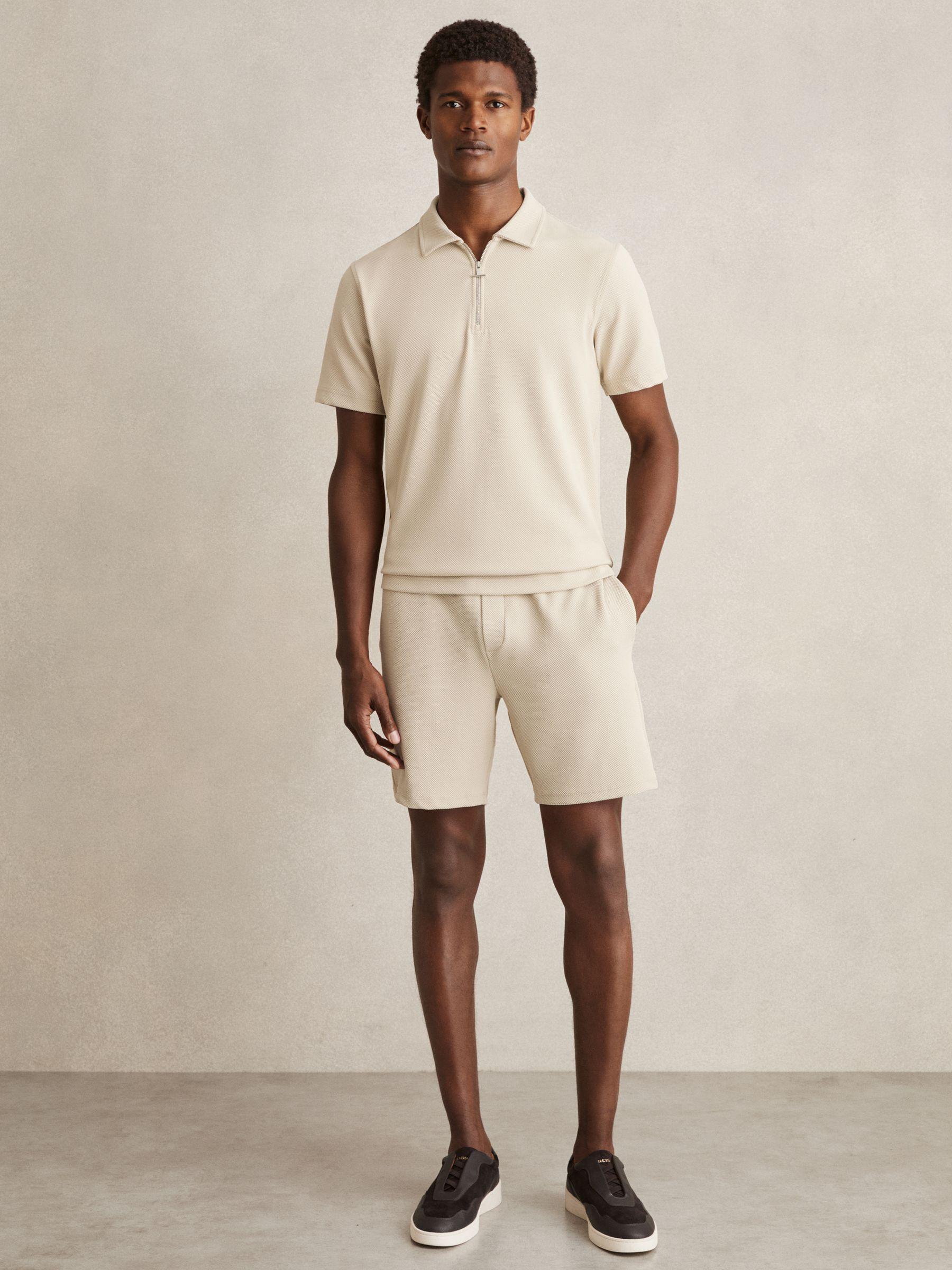 Textured Zip-Neck Polo Shirt in Stone Product Image