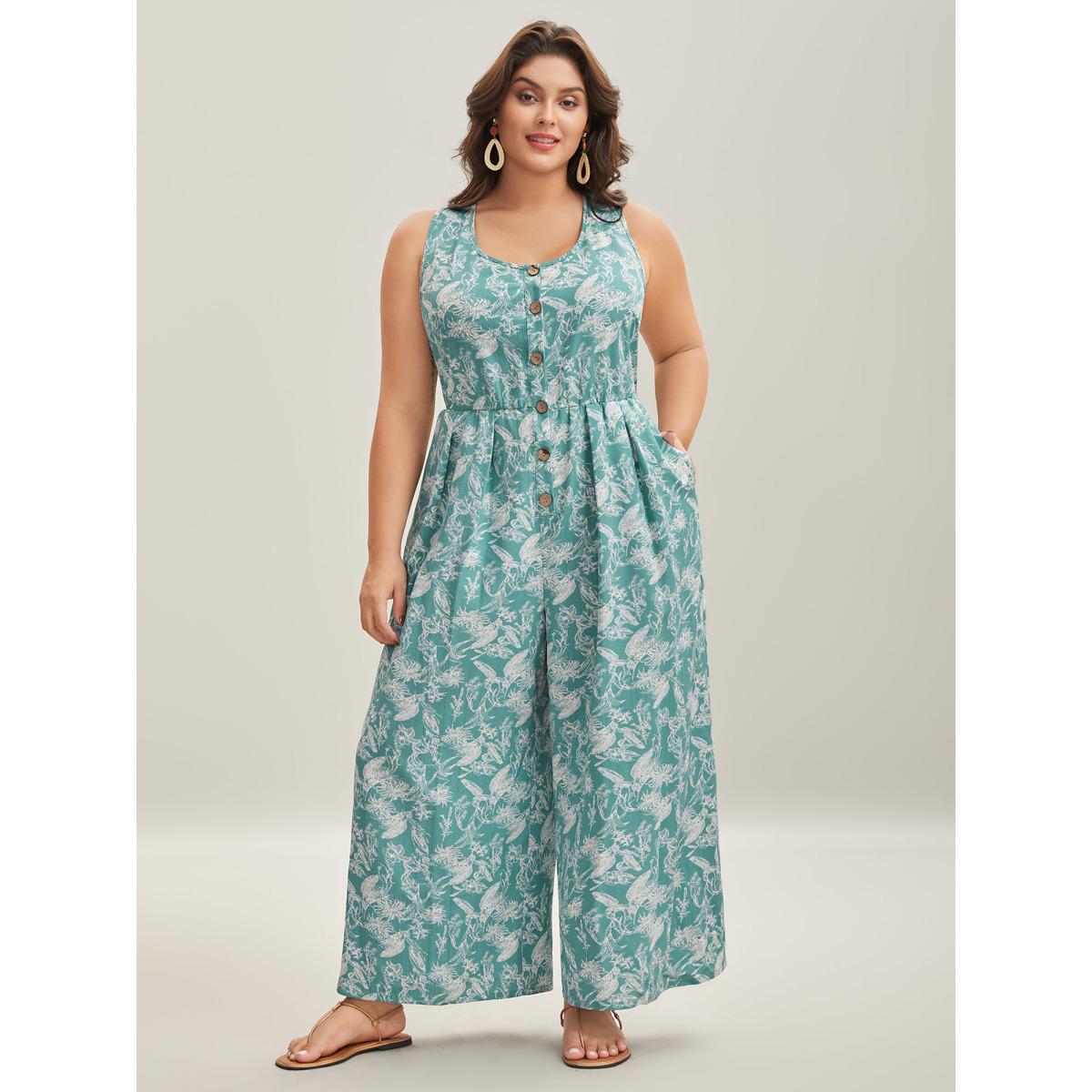 Plus Size Turquoise Plant Print Button Detail Stretchy Jumpsuit Women Resort Sleeveless V-neck Vacation Loose Jumpsuits BloomChic 28/5X Product Image