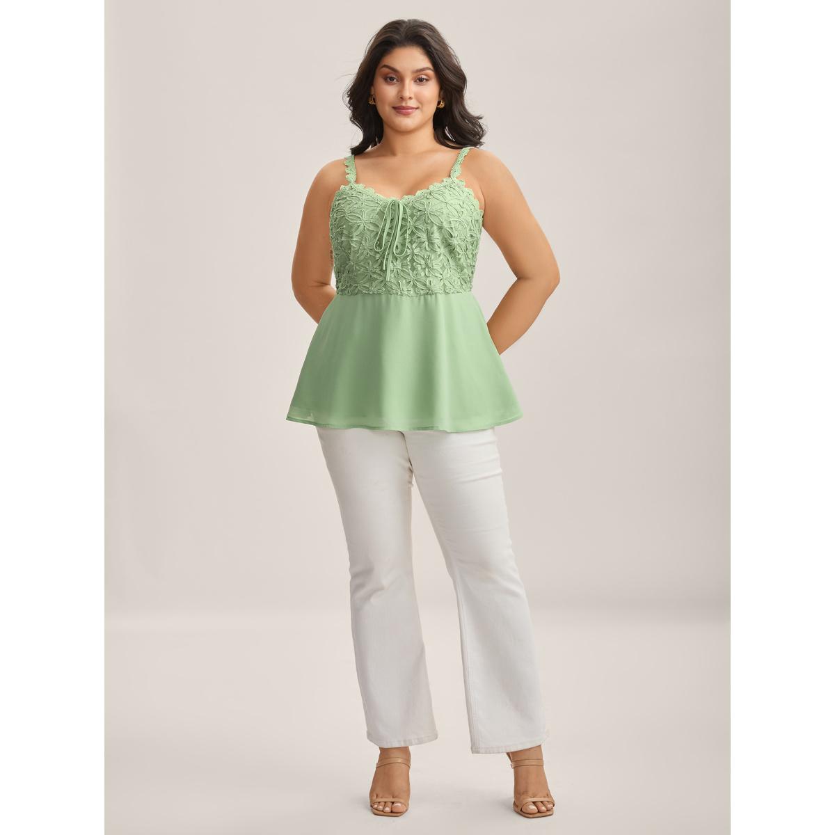 Plus Size Textured Lace Tie Flared Tank Top Women Greenbean Woven ribbon&lace trim V-neck Everyday-Elegant Tank Tops Camis BloomChic 14-16/1X Product Image