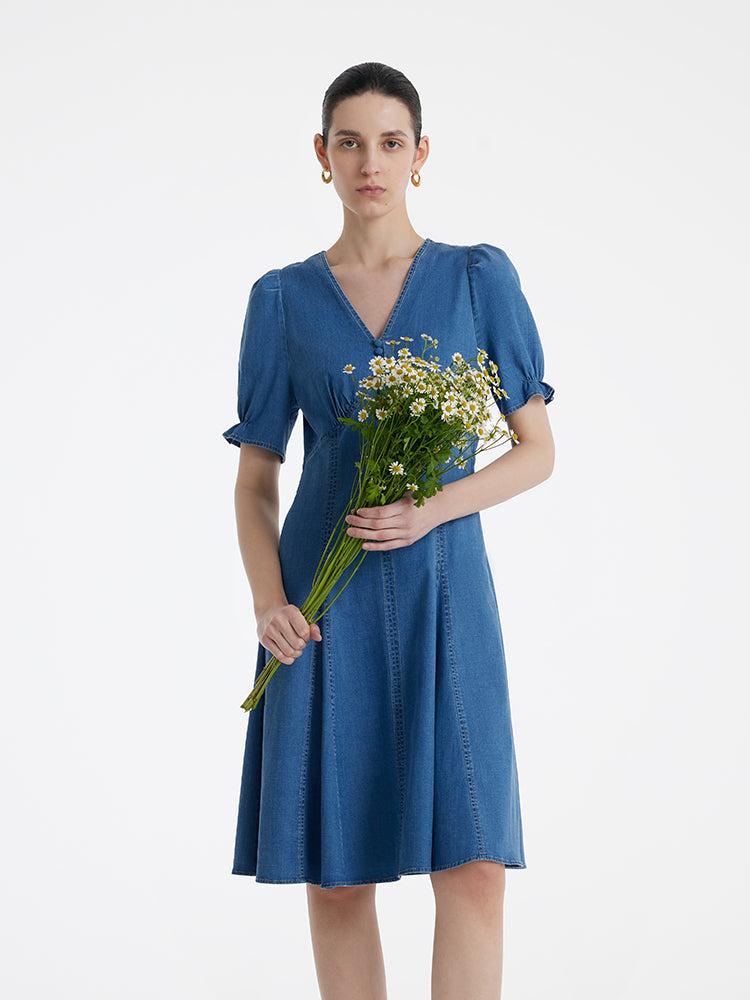 Denim V-Neck Gathered Waist Women Midi Dress Product Image