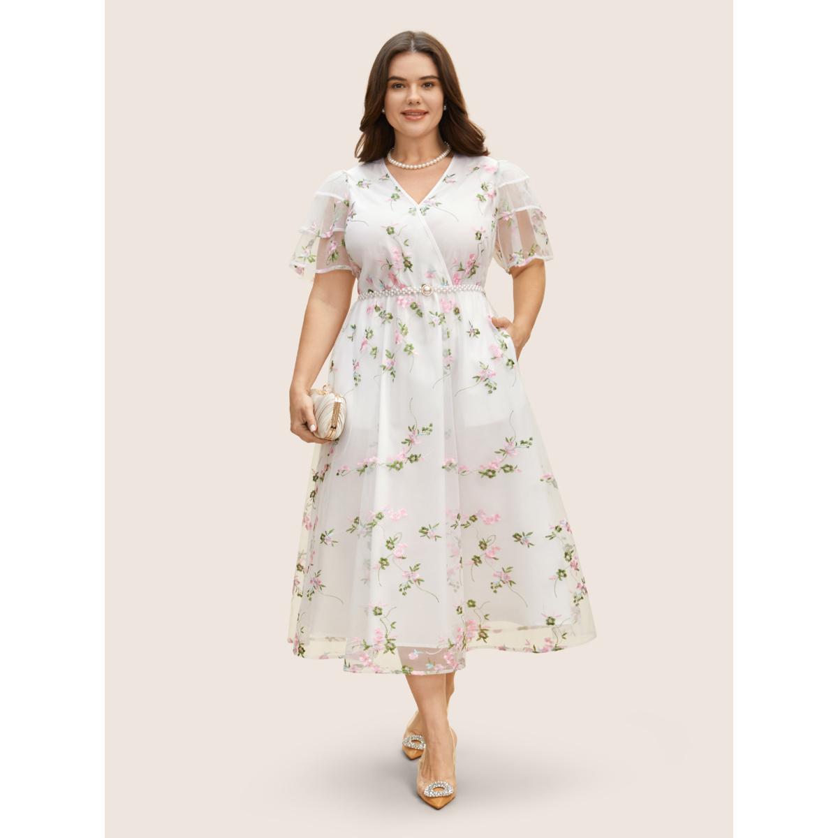 Plus Size Overlap Collar Mesh Floral Embroidered Tiered Ruffles Dress Originalwhite Women Formal Texture Overlap Collar Short sleeve Curvy BloomChic 18-20/2X Product Image