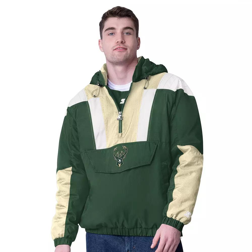 Men's Starter Hunter Green/Cream Milwaukee Bucks Charger Half-Zip Pullover Jacket,  Product Image