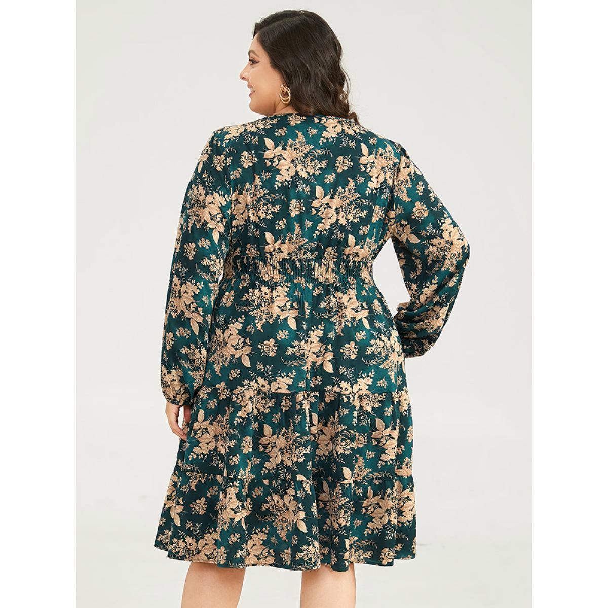 Plus Size Silhouette Floral Print Surplice Neck Shirred Dress Cyan Women Elegant Elastic cuffs V-neck Long Sleeve Curvy Midi Dress BloomChic 14-16/1X Product Image