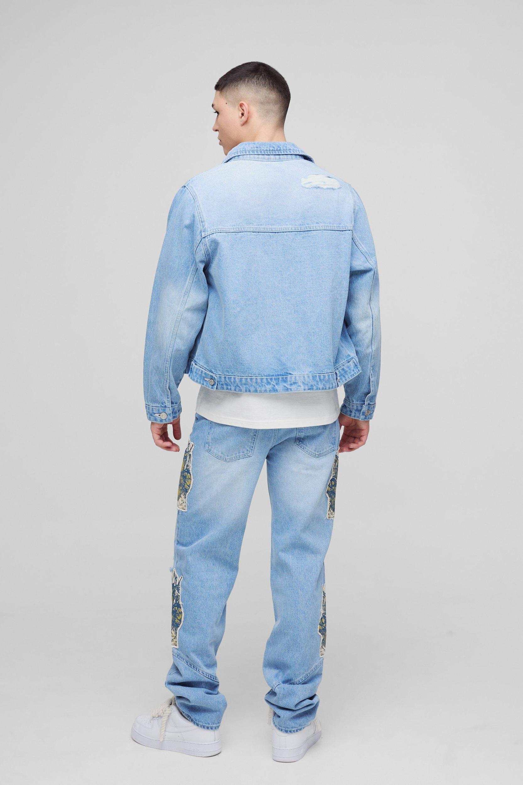 Boxy Harrington Embroidered Jean Jacket | boohooMAN USA Product Image