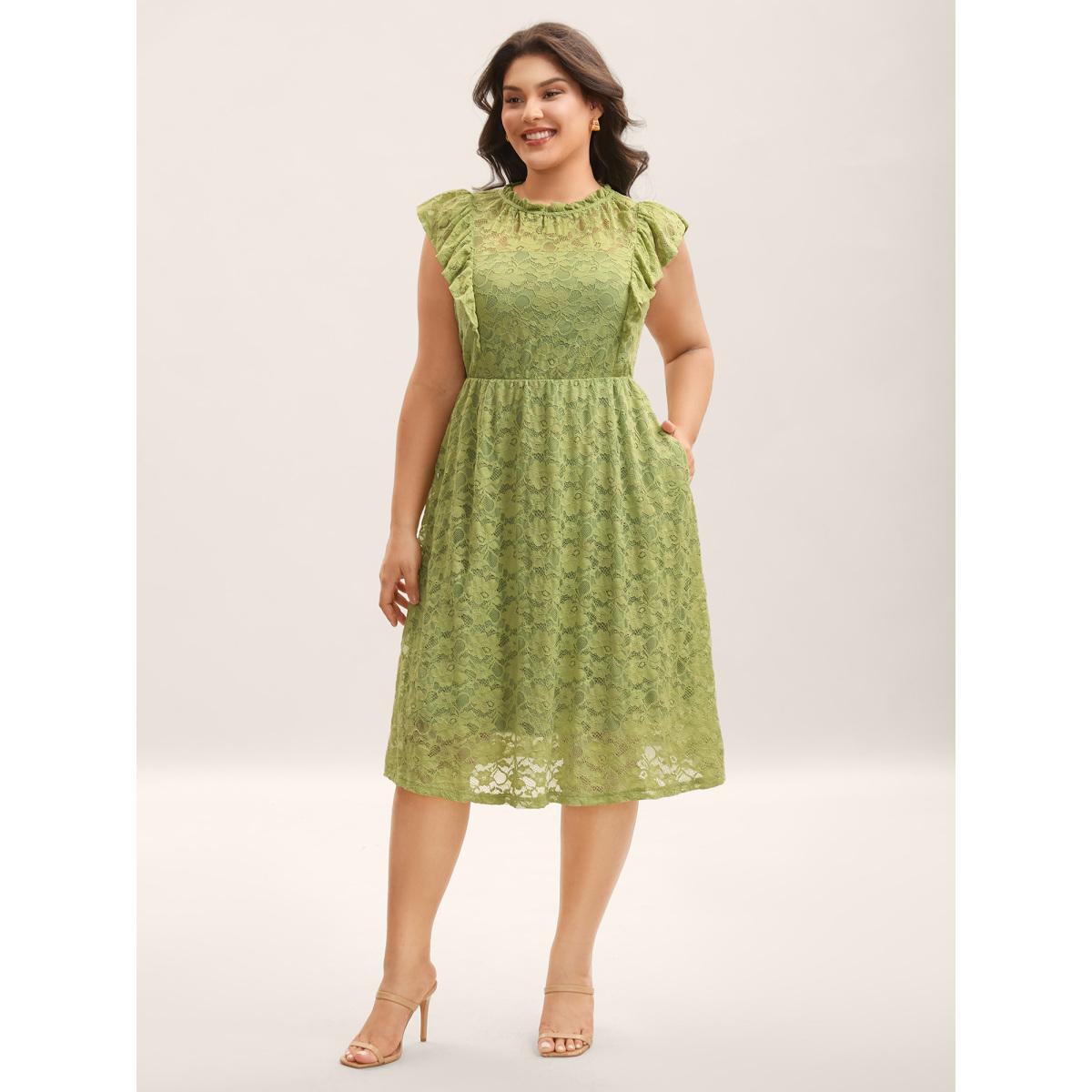Plus Size Lace Stretchy Waist Ruffled Midi Dress Moss Women Mock Neck Cap Sleeve Curvy BloomChic 14-16/1X Product Image