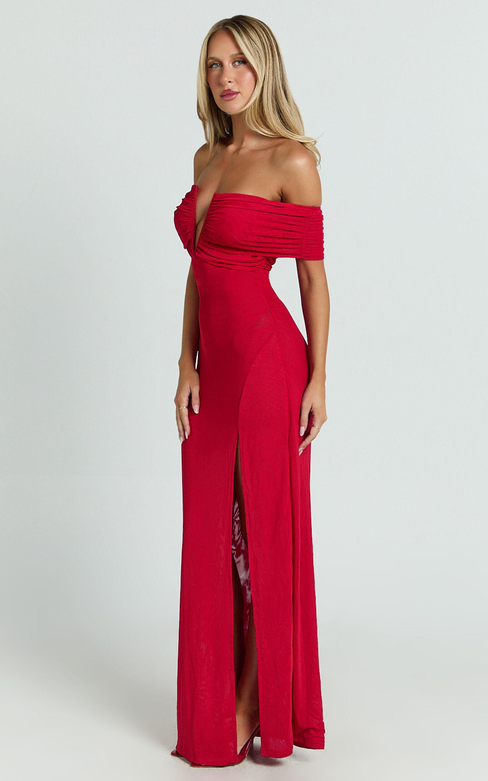 Alessia Maxi Dress - Off Shoulder Ruched Bodycon Dress in Red Product Image