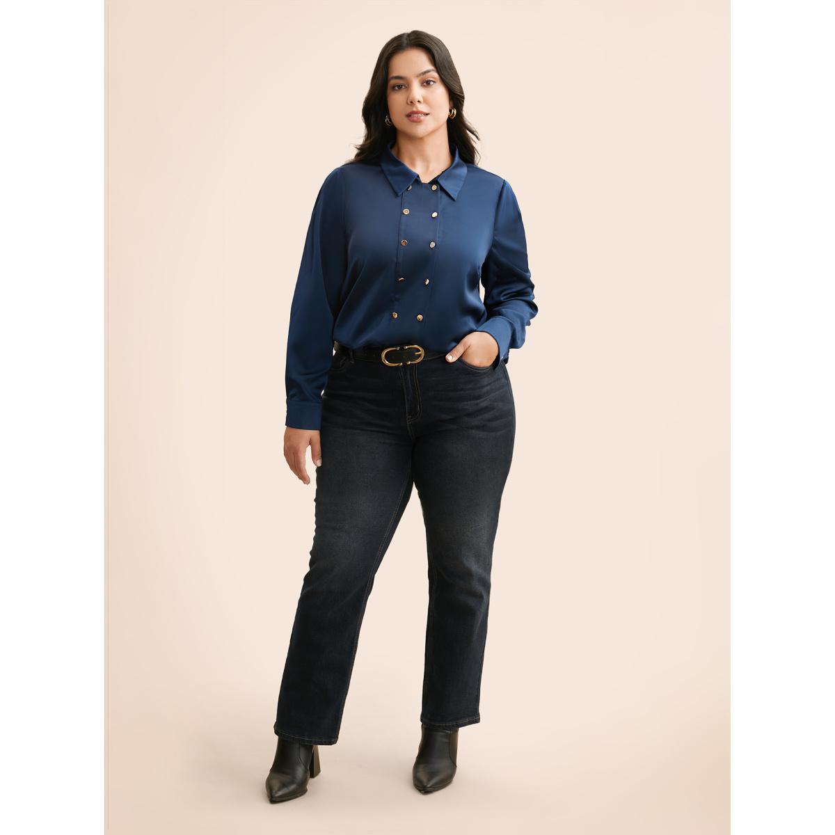 Plus Size Indigo Shirt Collar Metal Detail Blouse Women Elegant Long Sleeve Shirt collar Everyday Blouses BloomChic 26/4X Product Image