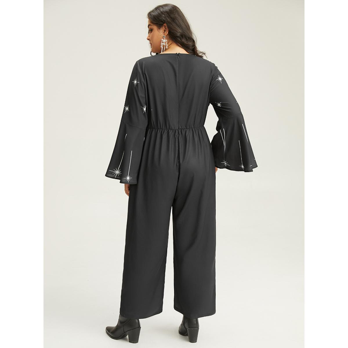 Plus Size Black Halloween Moon & Star Elastic Waist Bell Sleeve Jumpsuit Women Casual Long Sleeve V-neck Festival-Halloween Loose Jumpsuits BloomChic 18-20/2X Product Image