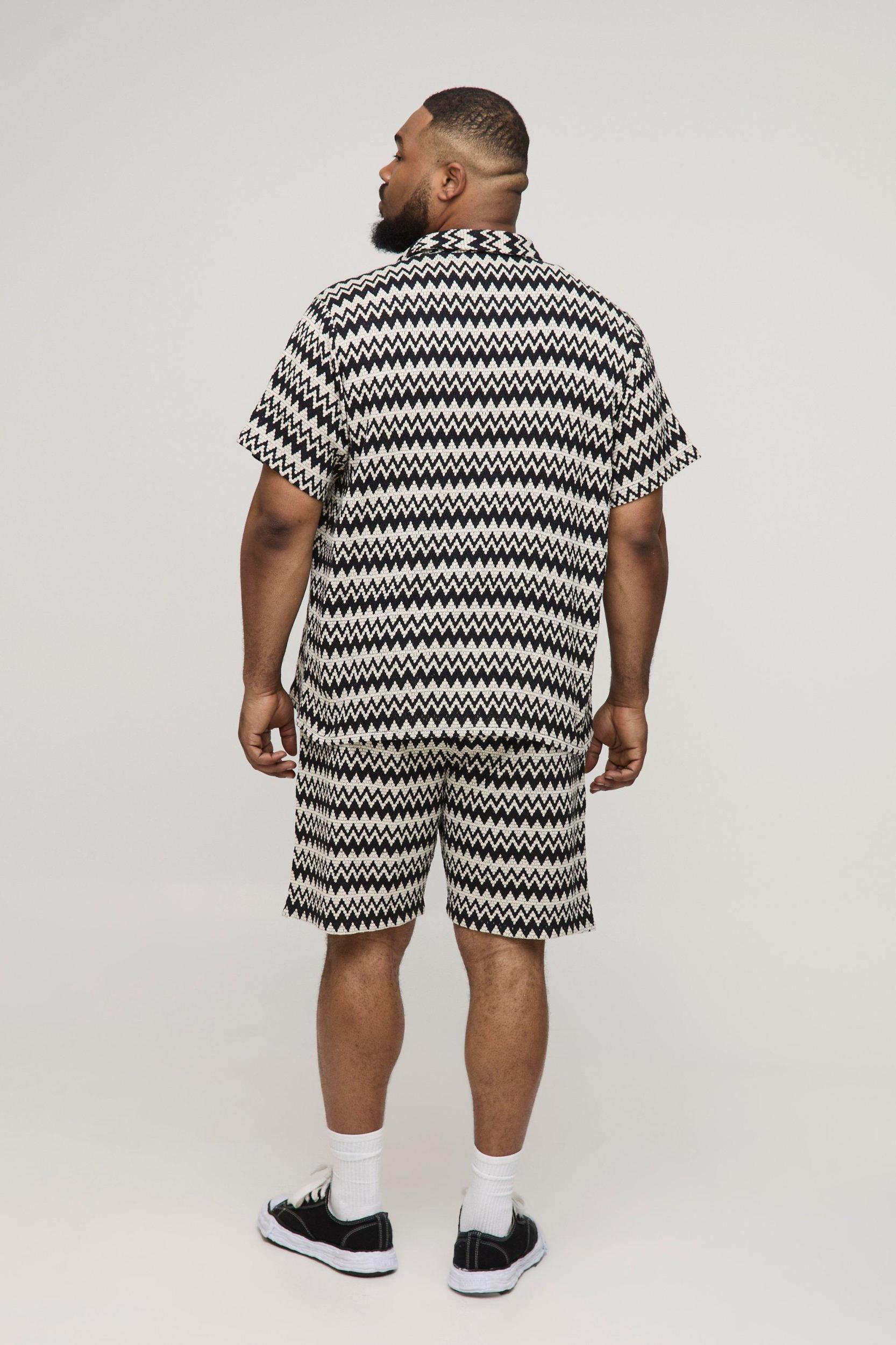Plus Regular Fit Crochet Open Weave Shirt & Short Set | boohooMAN USA Product Image