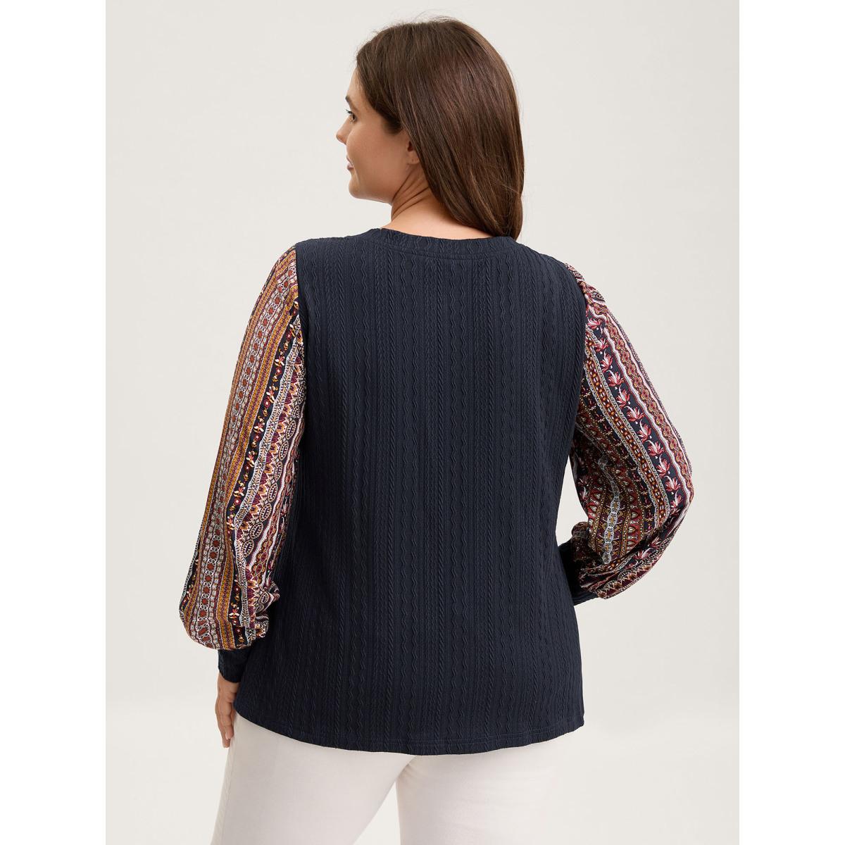 Plus Size Textured Striped Sleeve Contrast Sweatshirt Women Indigo Texture V-neck Casual Sweatshirts BloomChic 14-16/1X Product Image