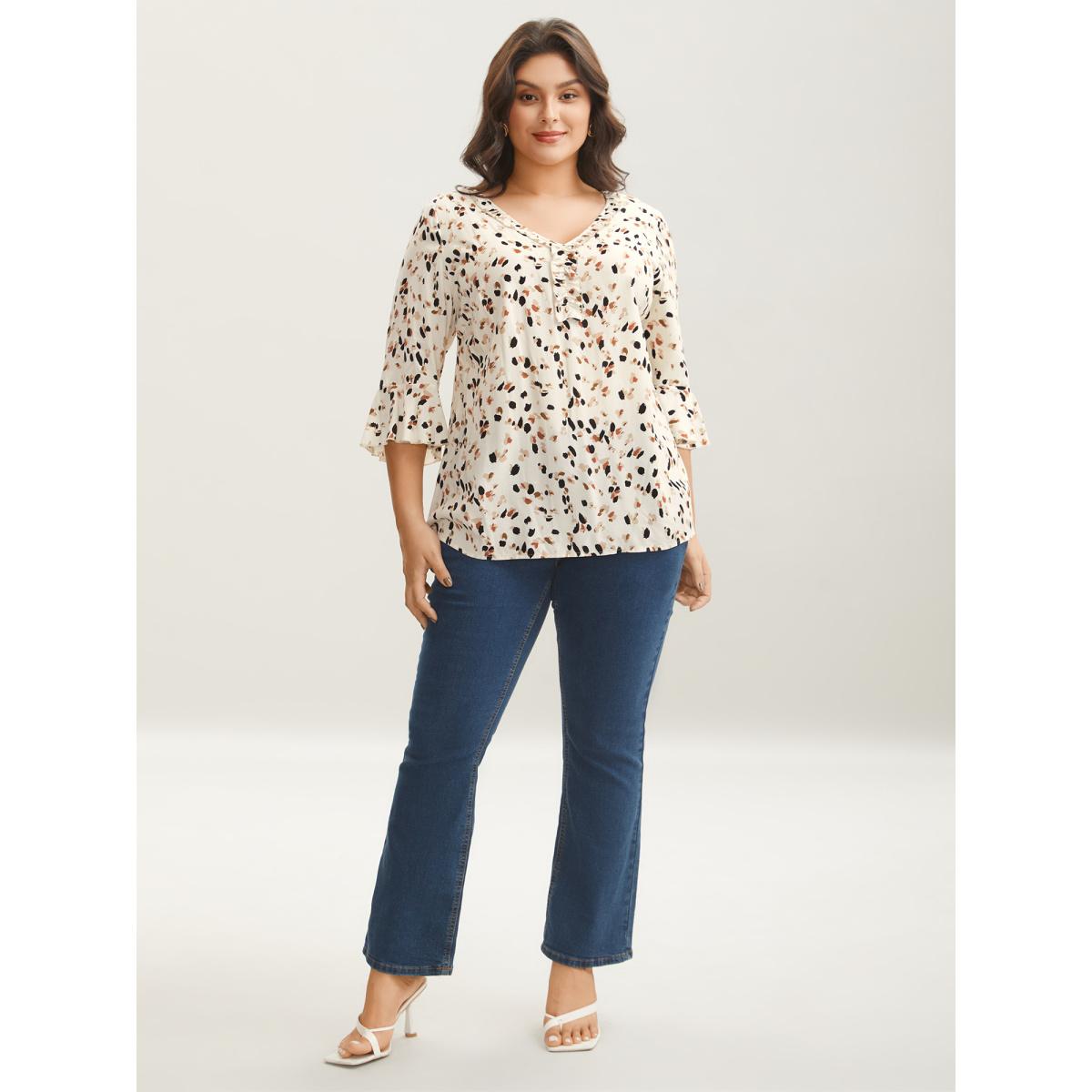 Plus Size Ivory Leopard Print Ruffled Detail Shirt Women Elegant Elbow-length sleeve V-neck Everyday Blouses BloomChic 10/M Product Image