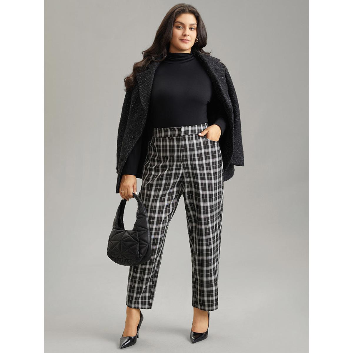 Plus Size Plaid Elastic Waist Straight Leg Pants Women Black Office Straight Leg High Rise Work Pants BloomChic 22-24/3X Product Image