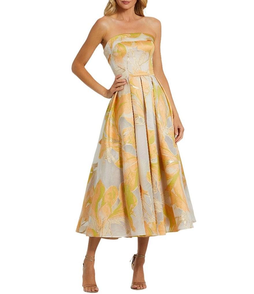 Mac Duggal Brocade Floral Print Strapless Neck Sleeveless A-Line Midi Dress Product Image