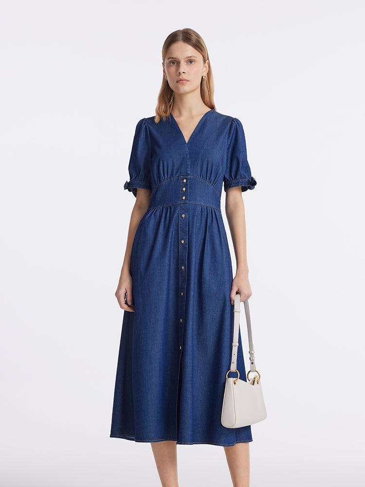 Gathered Waist Denim Women Midi Dress Product Image
