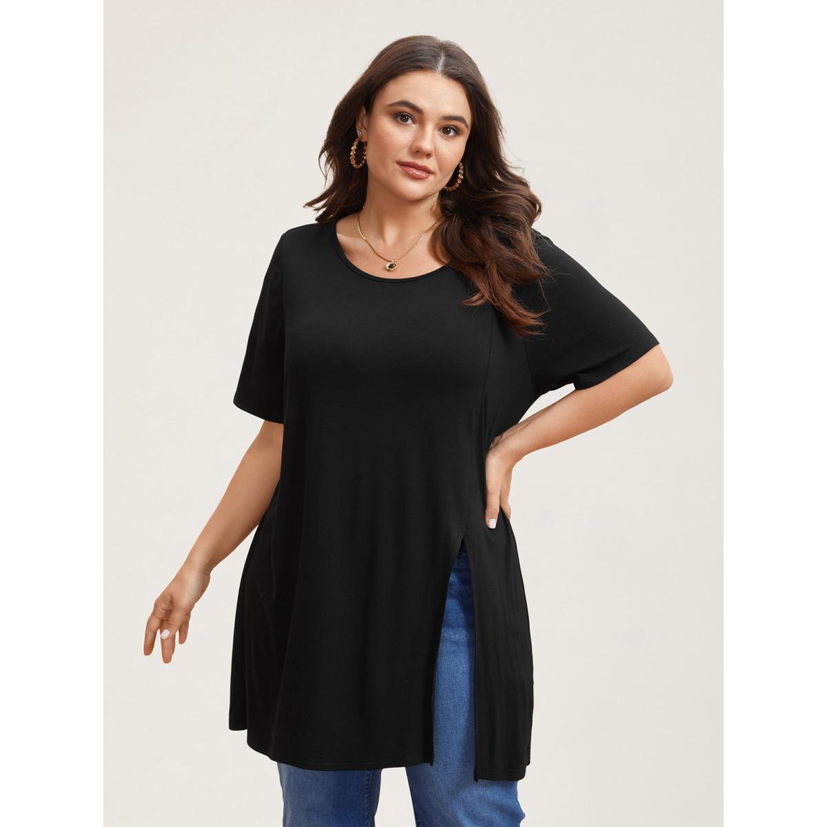 Plus Size Side-Split Plain Round Neck T-Shirt Black Women Casual Slit Non Loose Everyday T-shirts BloomChic 14-16/1X Product Image