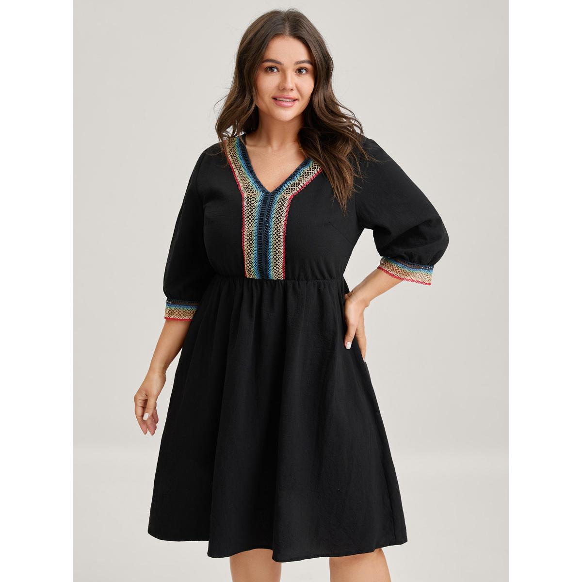 Plus Size Pure Cotton Colorful Lace Midi Dress Black Women V-neck Elbow-length sleeve Curvy BloomChic 10/M Product Image