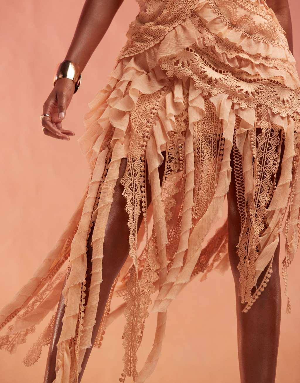 ASOS DESIGN lace trim racer mini dress with ruffle disheveled hem in peach Product Image