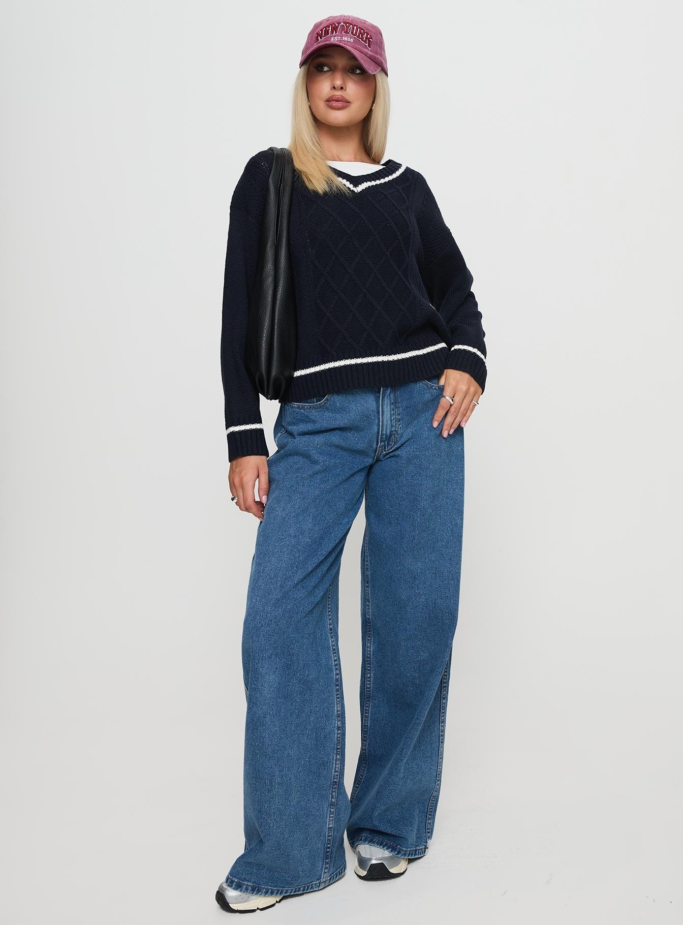 Covina V Neck Knit Sweater Navy Product Image