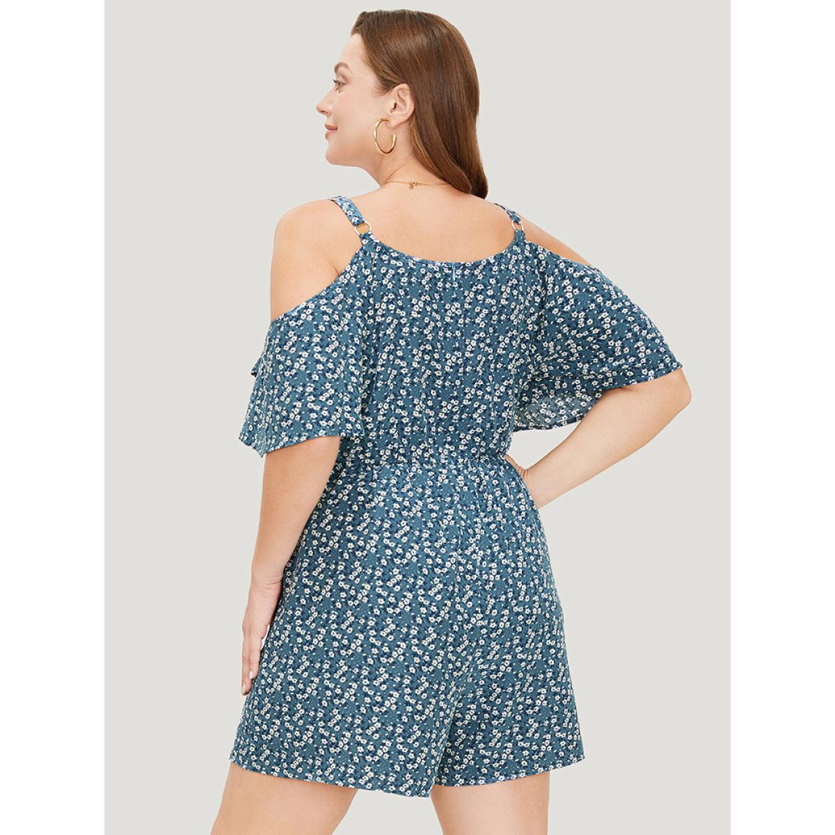 Plus Size Stone Ditsy Floral Pocket Zipper Ruffle Cold Shoulder Romper Women Casual Short sleeve Spaghetti Strap Dailywear Loose Jumpsuits BloomChic 22-24/3X Product Image