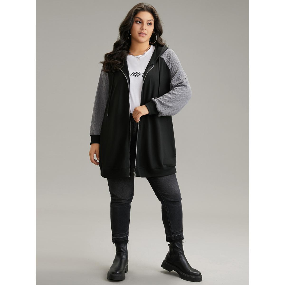 Plus Size Textured Contrast Zipper Hooded Drawstring Sweatshirt Women Black Casual Rib Knit Hooded Dailywear Sweatshirts BloomChic 22-24/3X Product Image