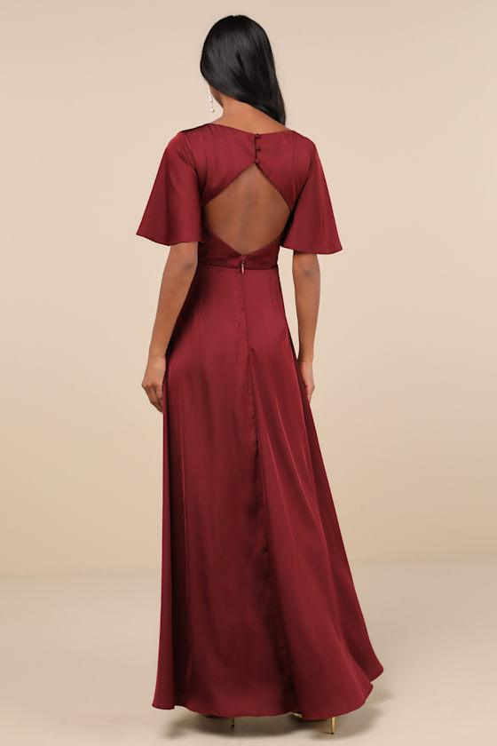 Elegant Confidence Red Satin Flutter Sleeve Cutout Maxi Dress Product Image