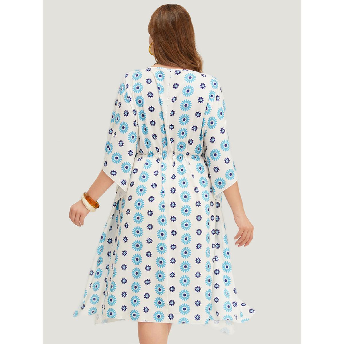 Plus Size Floral Batwing Sleeve Keyhole Knotted Neck Split Dress Cerulean Women Vacation Round Neck Half Sleeve Curvy Midi Dress BloomChic 10/M Product Image