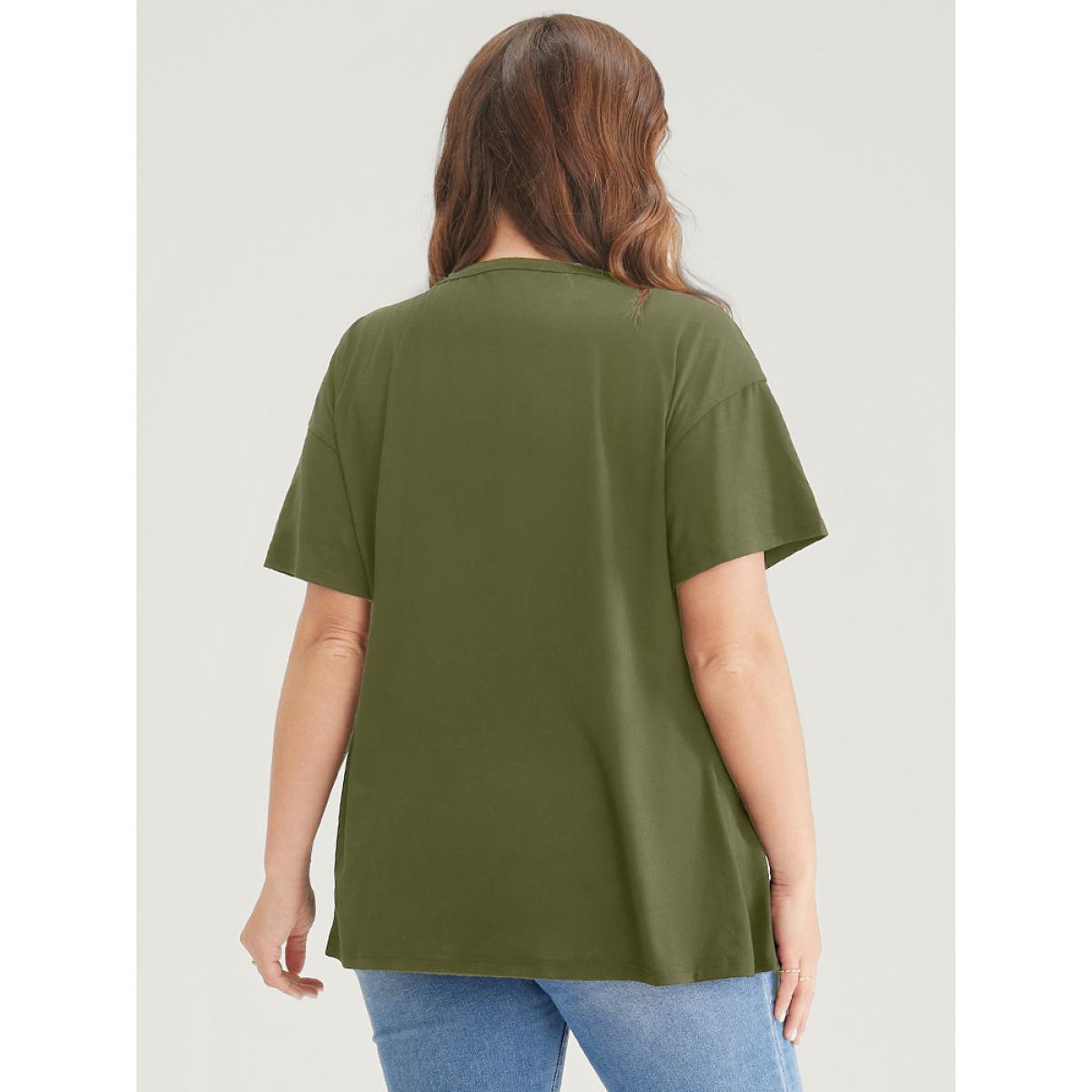 Plus Size Plain Surplice Neck Button Detail T-shirt ArmyGreen Women Elegant Plain V-neck Dailywear T-shirts BloomChic 14-16/1X Product Image