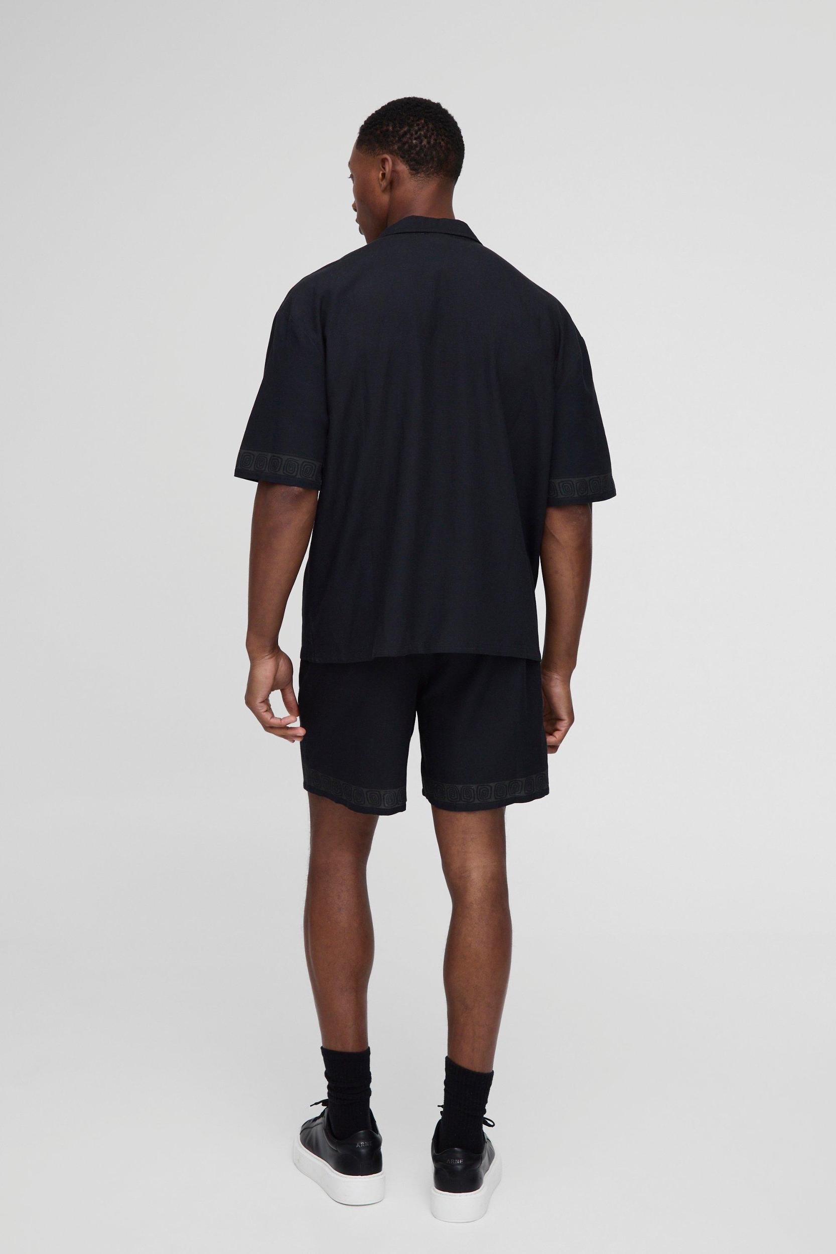 Oversized Linen Look Border Print Shirt & Short Set | boohooMAN USA Product Image