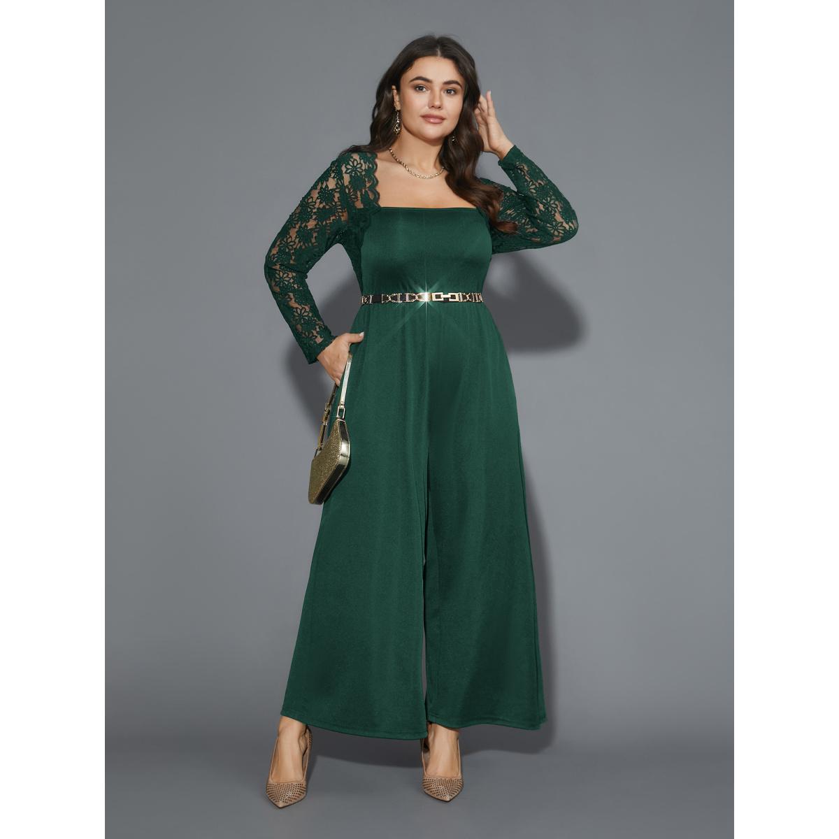 Plus Size Truegreen Lace Mesh Sleeves Square Neck Jumpsuit Women Cocktail Long Sleeve Square Neck Party Loose Jumpsuits BloomChic 14-16/1X Product Image