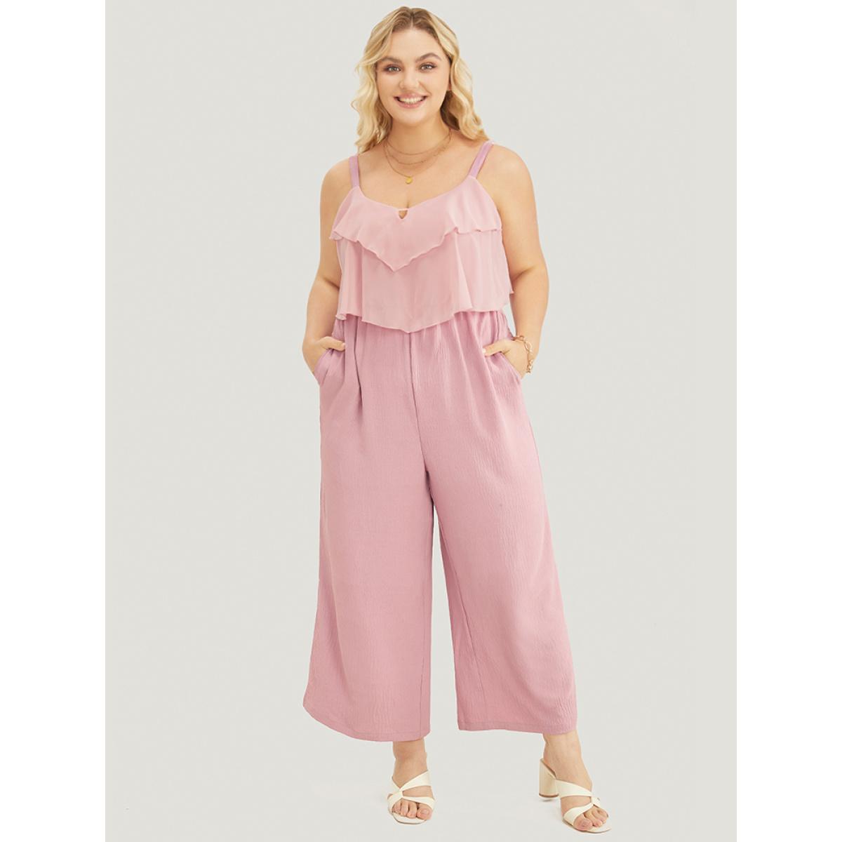Plus Size MistyRose Solid Ruffle Trim Pocket Split Hem Keyhole Cami Jumpsuit Women Elegant Sleeveless Spaghetti Strap Dailywear Loose Jumpsuits BloomChic 10/M Product Image