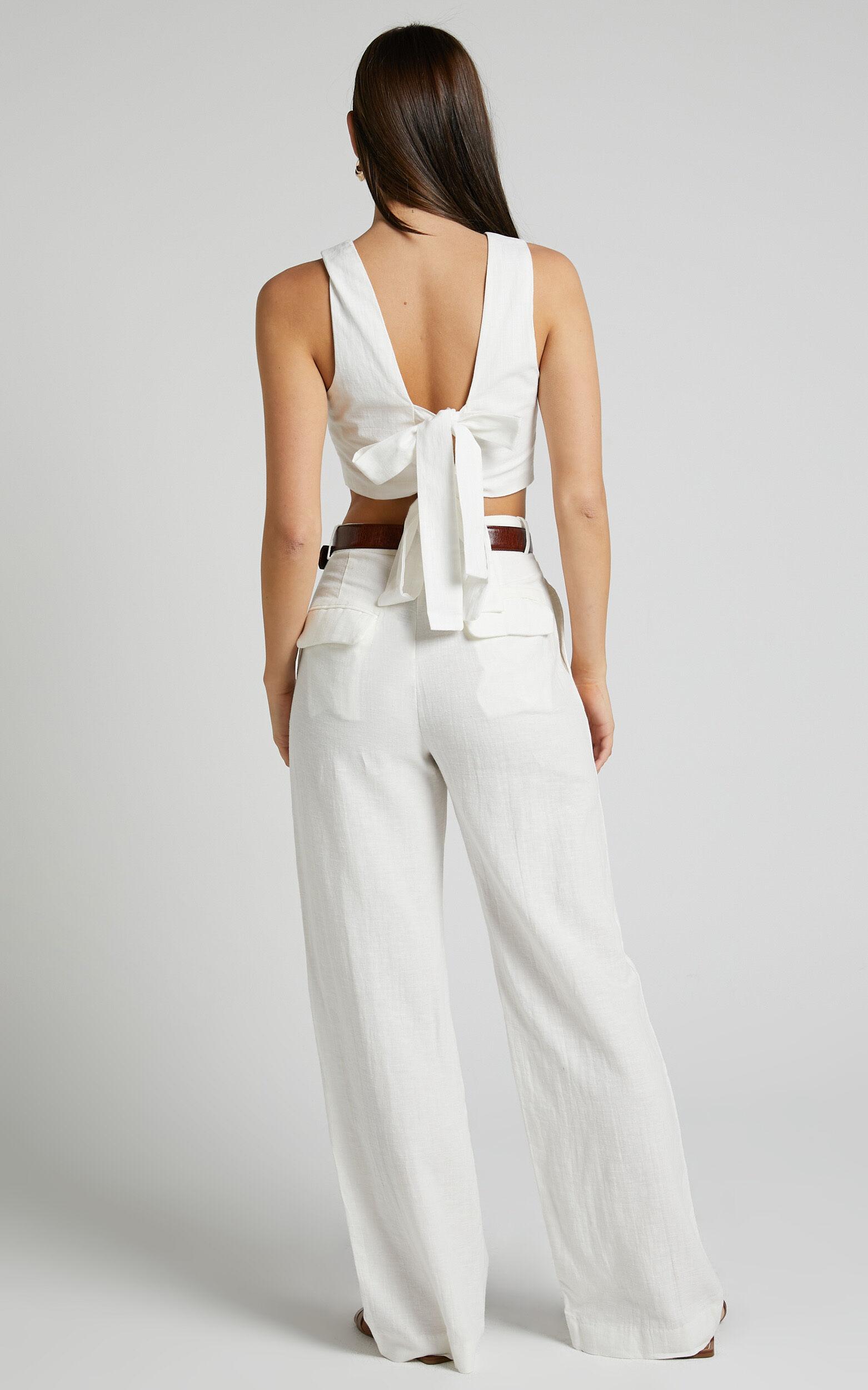 Larissa Trousers - Linen Mid Waisted Relaxed Straight Leg Trousers in White Product Image