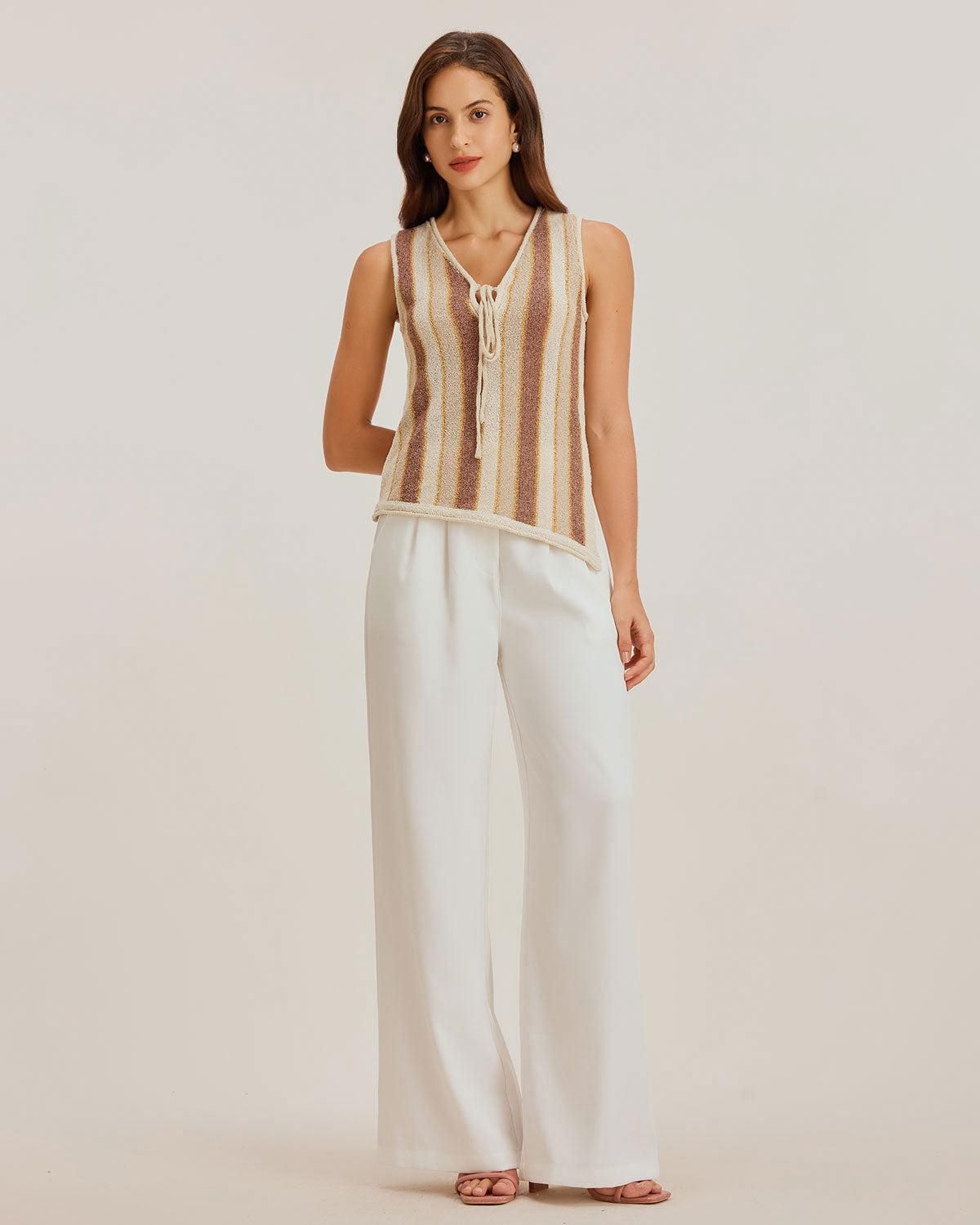 Khaki Striped V Neck Tank Top Product Image