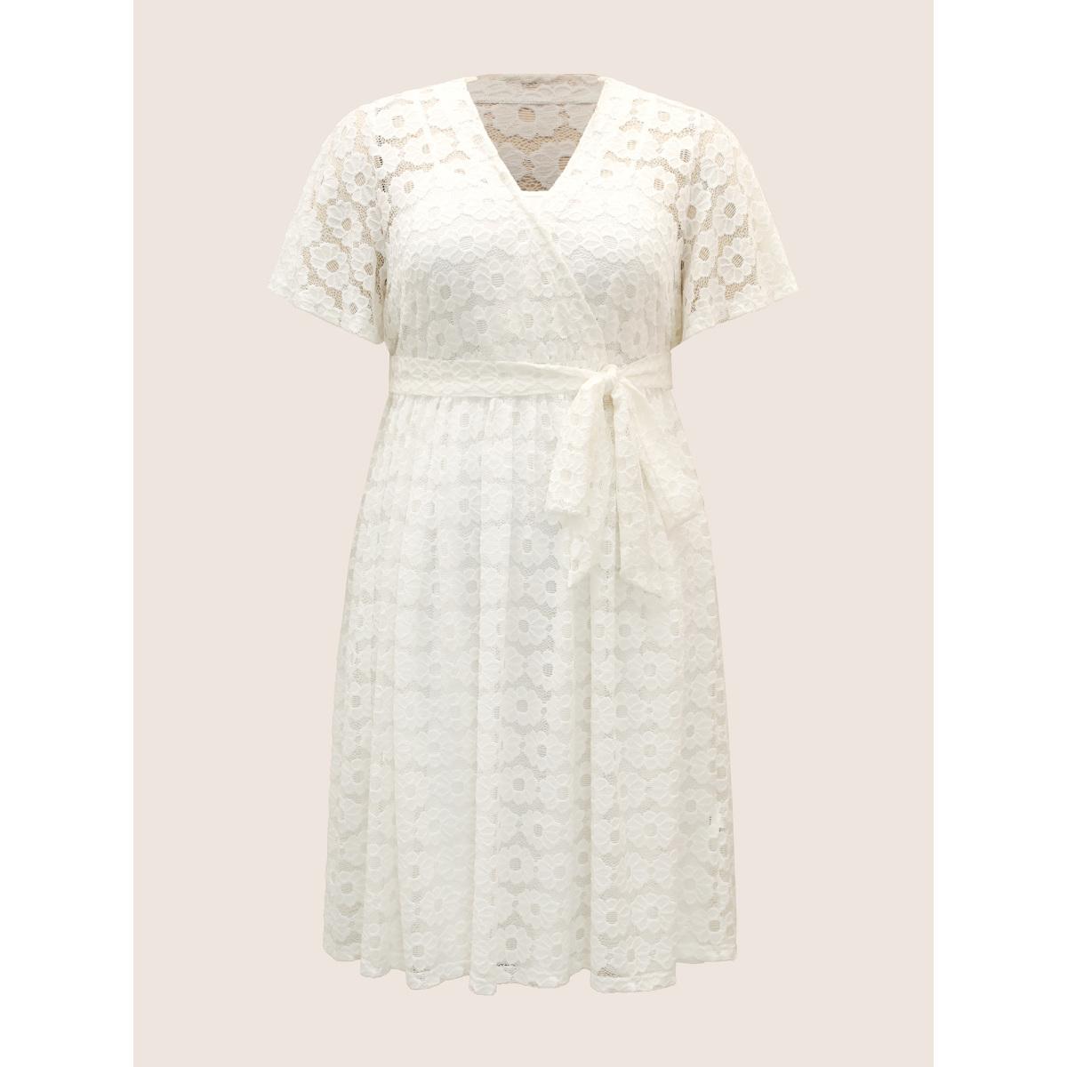 Plus Size Crochet Lace Mesh Belted Midi Dress Opticwhite Women Elegant V-neck Short sleeve Curvy BloomChic 30/6X Product Image